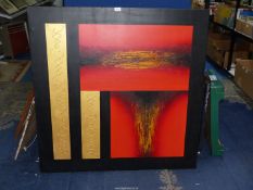 A large abstract painting with black surround and red/yellow and gold design, no visible signature,