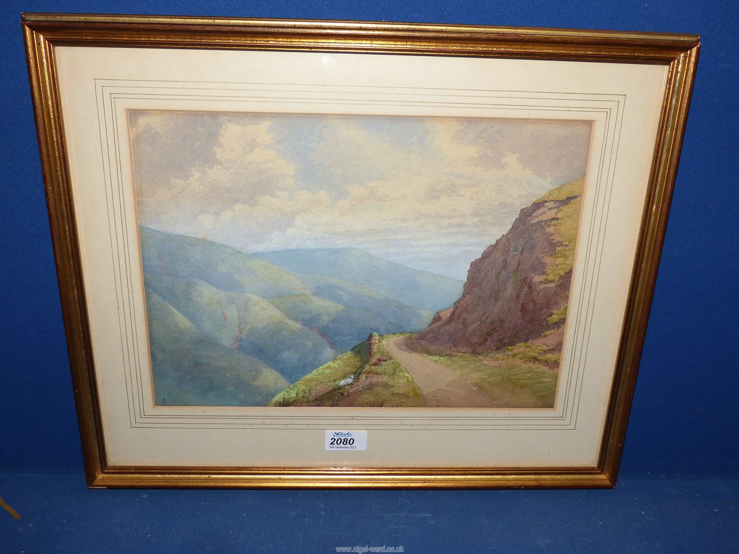 A Watercolour of a mountain overlooking a valley and scenic sky (monogram with I running through A).