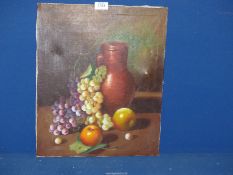 An unframed still life Oil on canvas of jug and fruit, signed lower right Carrol,
