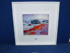 A white framed Oil on canvas titled and signed verso "Safe Harbour" by Catherine Barnes,