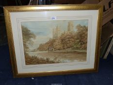 A fine detailed Watercolour of Durham Cathedral, Castle and bridge with cottage in view,