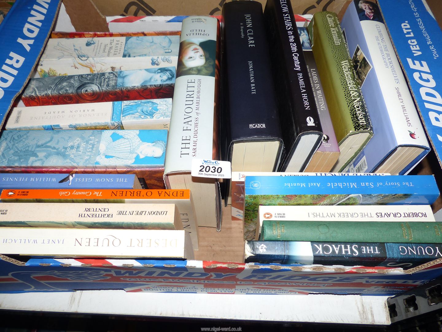 A box of books to include; Marion Meade, Dessert Queen by Janet Wallach, John Clare Biography, etc.