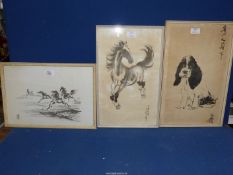 Three framed oriental Prints to include horses and a spaniel.