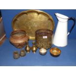 A brass tray and Indian brass pots.