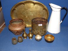 A brass tray and Indian brass pots.