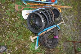 Hanging baskets, stainless steel spade, bow saw, and plastic piping, etc.