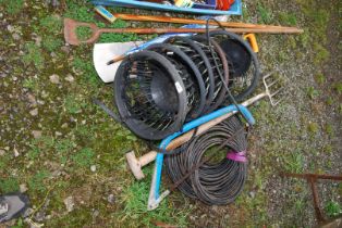 Hanging baskets, stainless steel spade, bow saw, and plastic piping, etc.