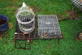 Two bird cages, 'Old Stables' wrought iron sign, etc.