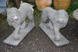 A pair of concrete Lions with a paw on ball - 22" high x 27½" long x 8½" diameter.