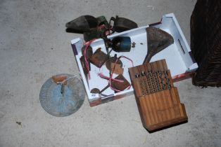 Quantity of Miscellaneous funnels, wood auger bits, oil measures, plus cans and a sundial.