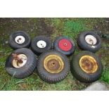 A quantity of wheels and tyres including 2 of 16 x 6.50 x 8; 4.00 x 6; 6.00 x 6 & 12 x 5.