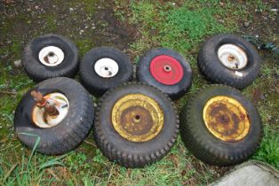 A quantity of wheels and tyres including 2 of 16 x 6.50 x 8; 4.00 x 6; 6.00 x 6 & 12 x 5.