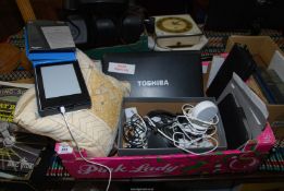 A Toshiba lap top (no hard drive), cables and a Google mini, Alexa, Kindle, Nest etc.