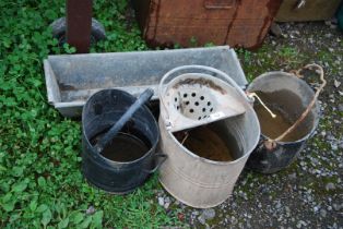 An oblong galvanised planter, mop bucket, coal scuttle, range pot, etc.