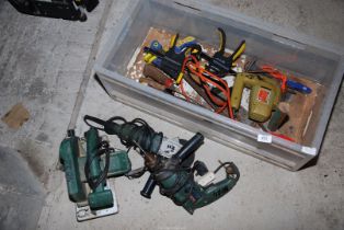 A 4½" proline angle grinder, Bosch 240 volt ½" chuck electric drill, Bosch 6" rip saw, hacker, etc.