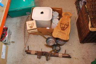 A enamel bread bin, a set of copper saucepans, enamel jugs, etc.