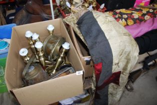 Two boxes of brass kettles, table lamps, cutlery and reenactment old flags.