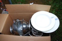 Stainless steel cookware, and 'Royal Monmouthshire engineers' crockery.