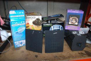 A quantity of electrical devices including - speakers, Kenwood smoothie, CD player and amplifier,