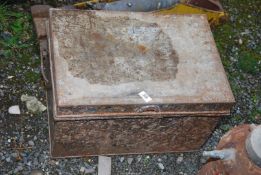 A metal trunk containing assorted of screws, pliers, large adjustable spanners etc.