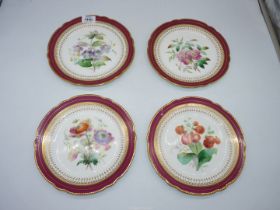 A set of four hand-painted Plates with botanic designs including Wild Rose, Double Anemone, etc.