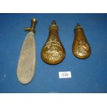 Two Copper and Brass powder flasks, one depicting Hound and Hare,