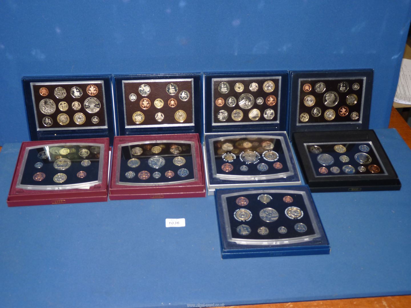 A quantity of 2000-2008 UK Proof coins in cases, boxed (9).
