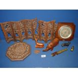 A quantity of miscellanea including treen animals and small folding base table (a/f), barometer,