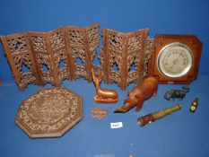 A quantity of miscellanea including treen animals and small folding base table (a/f), barometer,