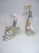 Two Lladro figures: Lady sat on a wall with dove 6 1/2" tall and Lady feeding goose, 9 1/2" tall.