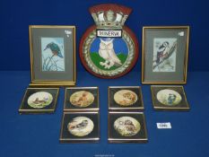 Two woven silk pictures and six watercolours depicting wild life, together with a Minerva plaque.