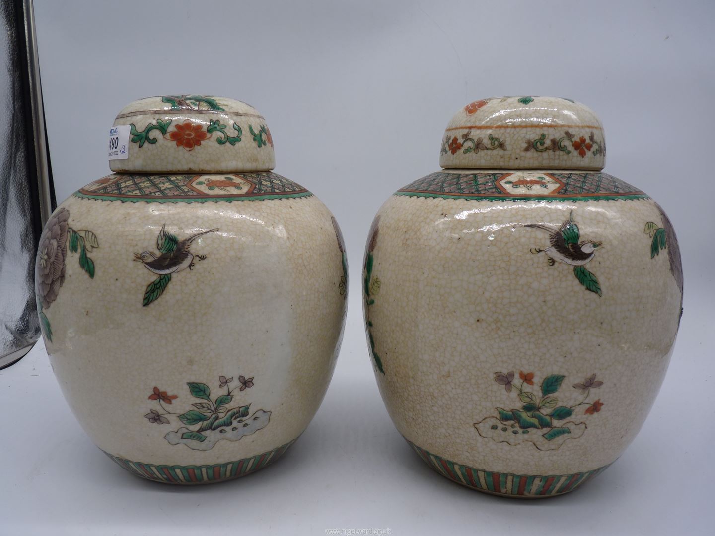 A pair of Oriental crackle glazed poly chrome ginger jars, - Image 10 of 20