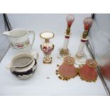 A quantity of china including a pair of white lamp bases with red collars and pink pleated shades,