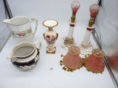 A quantity of china including a pair of white lamp bases with red collars and pink pleated shades,
