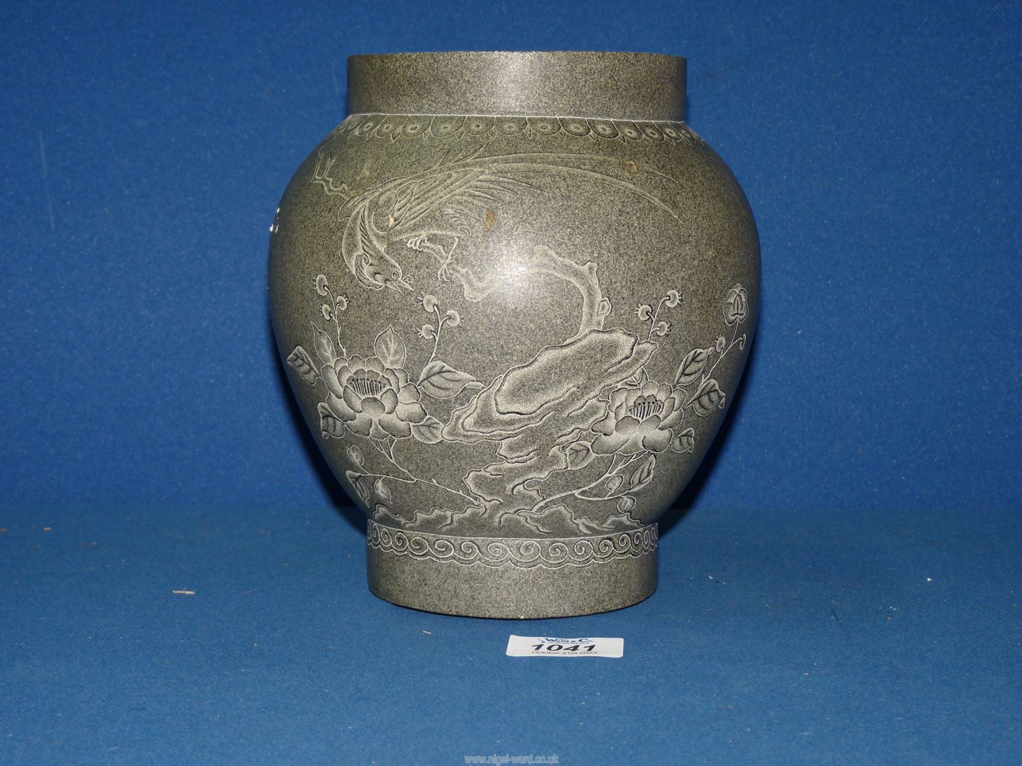 A stone vase with Oriental design, approx. 8" tall. - Image 2 of 2