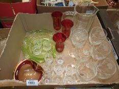 A quantity of glass including set of six etched Fuchsia wine glasses, three Cranberry glasses,