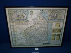 A framed and glazed print of a John Speed map of Northumberland 22 1/2" x 17 1/4" including frame.