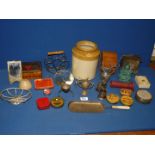 A box of miscellanea including travelling brush in leather case, collectable tins, pottery jar, etc.