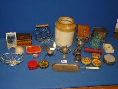 A box of miscellanea including travelling brush in leather case, collectable tins, pottery jar, etc.