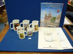 Three large and three small 'Trent' memorabilia jugs: 'Bisto Ready for the course', 'Carr's & Co.