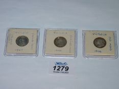 Three 6d coins, dated 1887-1888-1899.