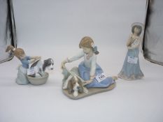 Three Lladro figures: Girl bathing dog (wrist a/f.