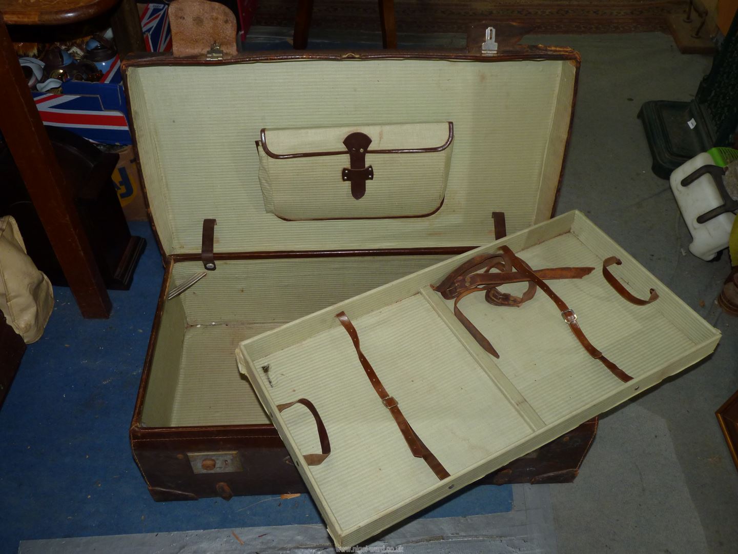 A large early 20th century quality Leather Suitcase with interior shelf and pouch and several old - Image 2 of 2