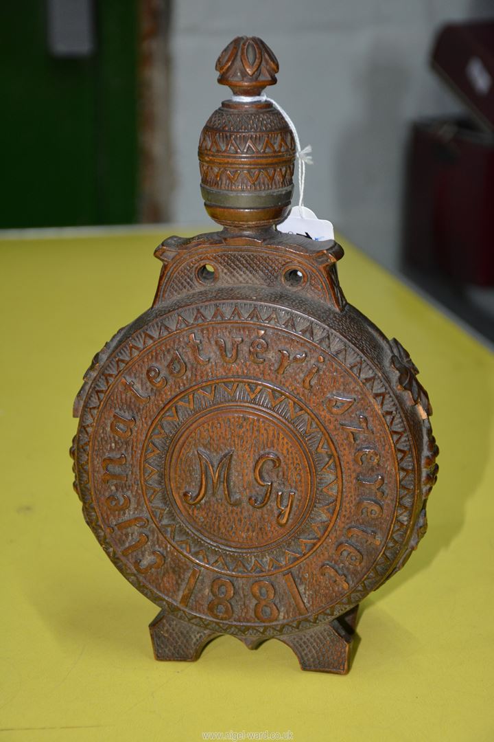 A 19th century Austrian heavily carved decorative moon shape circular wooden Flask with coat of - Image 6 of 15