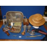 A straw boater by Ridgmont, costrel, plated trays and an onyx trinket box, etc.