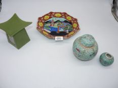 An Oriental square plate painted with pagoda,