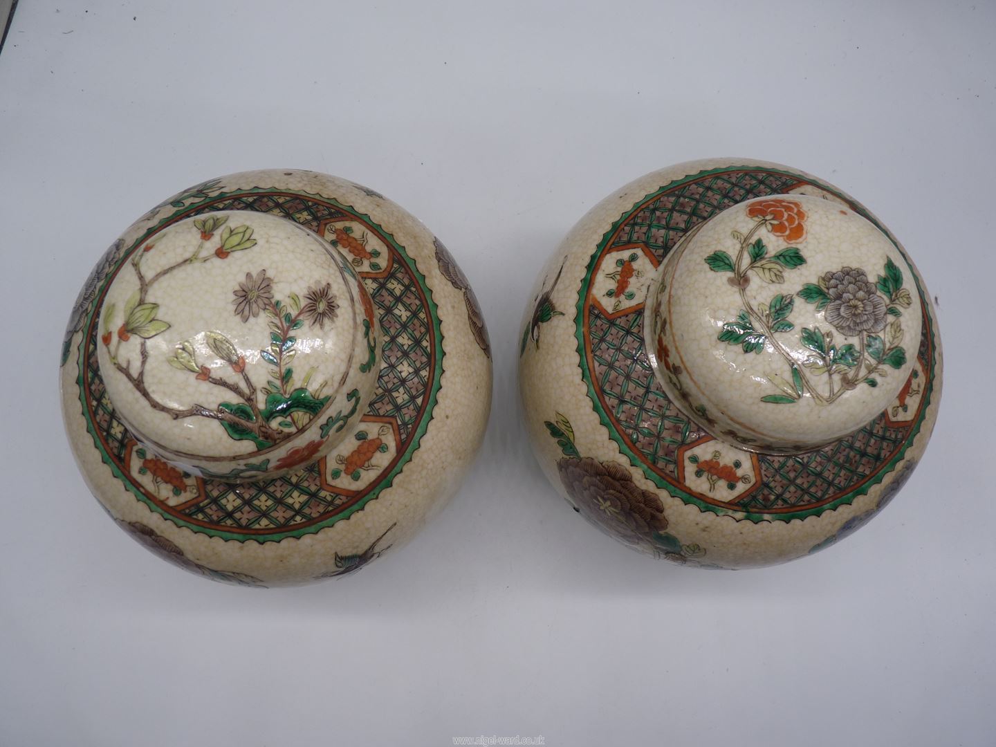 A pair of Oriental crackle glazed poly chrome ginger jars, - Image 11 of 20