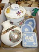 Mixed china to include Royal Worcester Evesham biscuit barrel, Wedgwood Jasperware, Galway, etc.