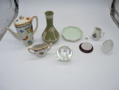 A small quantity of china including heavy Wedgwood green Jasperware vase, Souvenir jug,