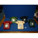 Five vintage GPO / British Telecom Rotary Telephones in various colours: red marked 746 Gen 74/1A C,